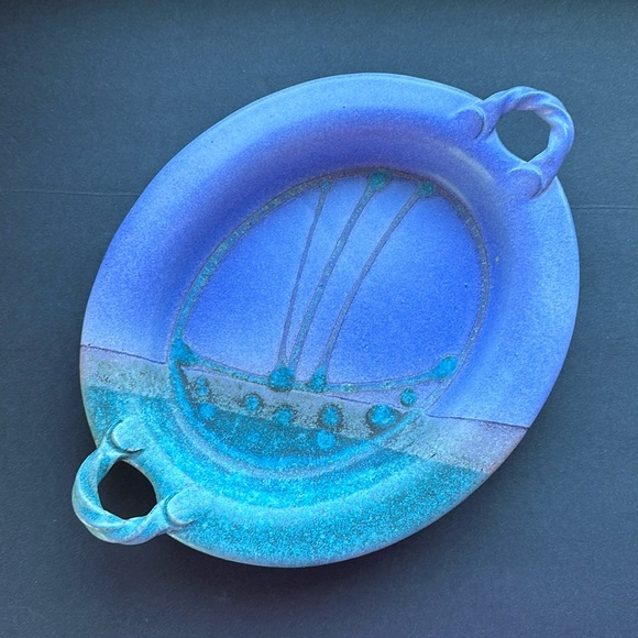 VTG Studio Art Pottery Signed Stoneware Double Handled 13" Oval Serving Platter - Picture 1 of 6